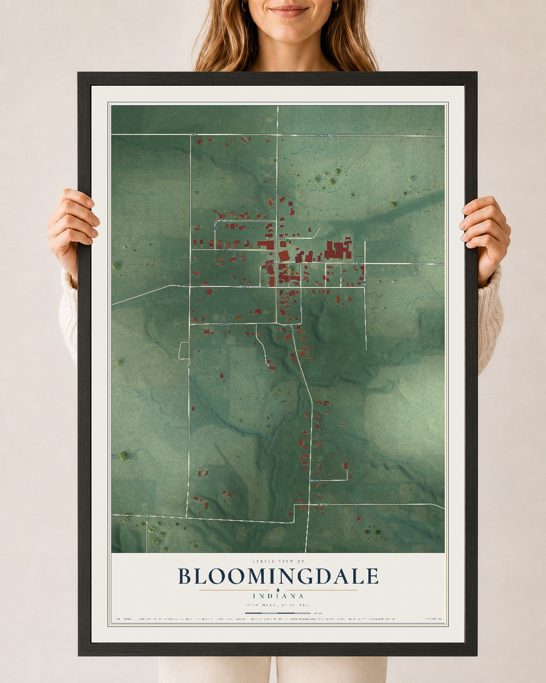 Map of Bloomingdale, Indiana, 24 x 36 inch print in a black wood frame