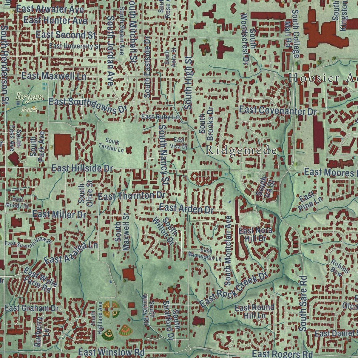 Close-up of the map of Bloomington, Indiana print showing street and building detail