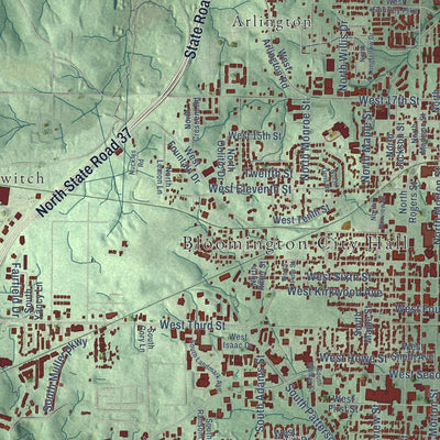 Second close-up of the map of Bloomington, Indiana print showing more streets and buildings