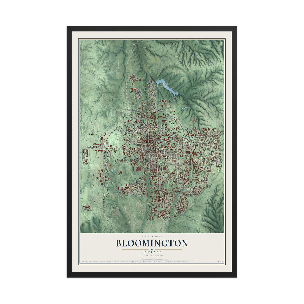 Map of Bloomington, Indiana, 12 x 18 inch print in a black wood frame