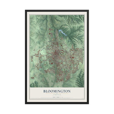 Map of Bloomington, Indiana, 12 x 18 inch print in a black wood frame