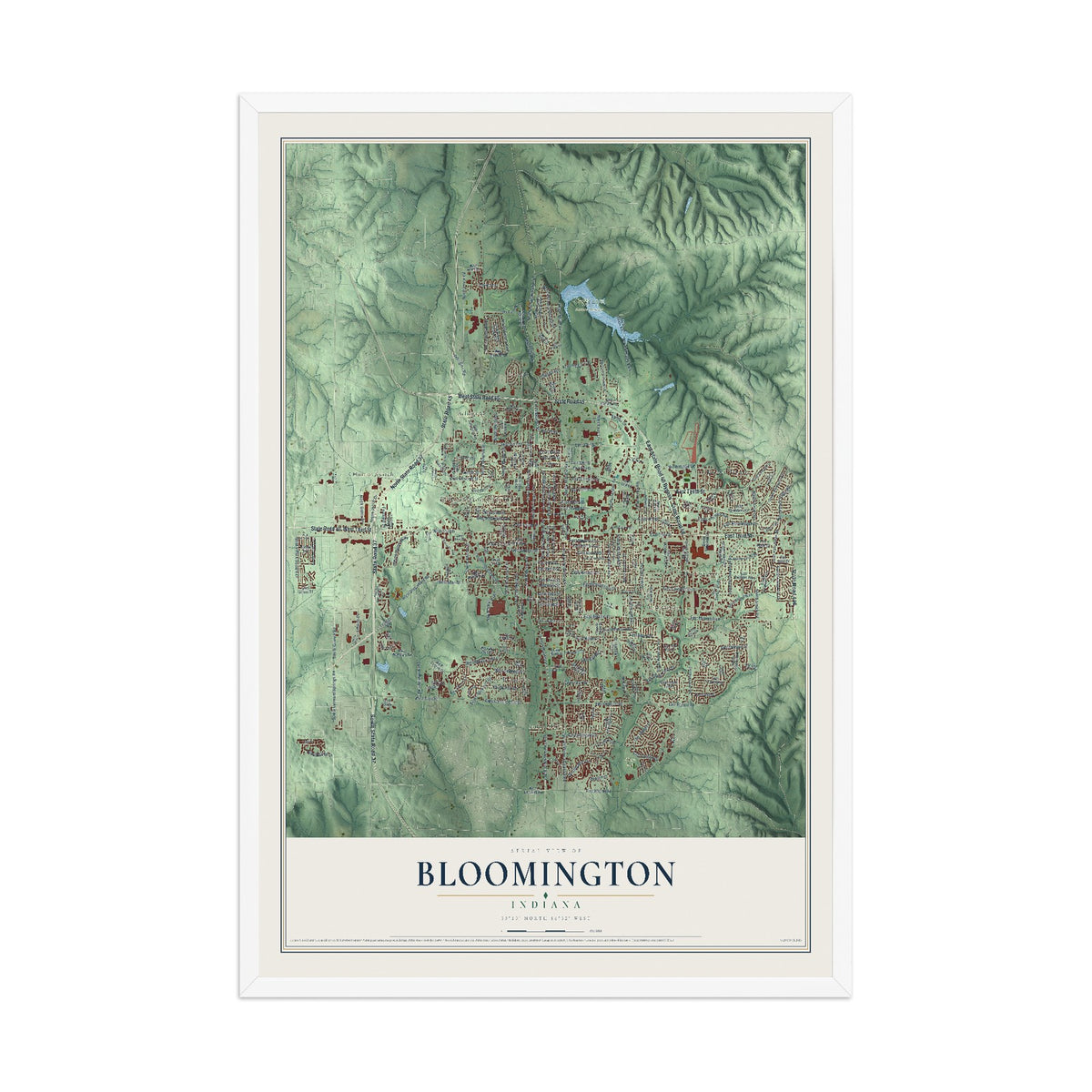 Map of Bloomington, Indiana, 12 x 18 inch print in a white wood frame