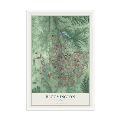 Map of Bloomington, Indiana, 12 x 18 inch print in a white wood frame
