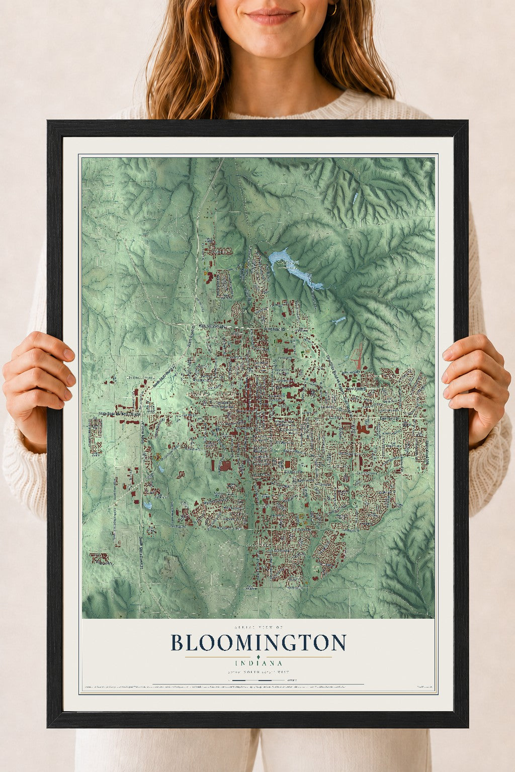 Map of Bloomington, Indiana, 18 x 24 inch print in a black wood frame