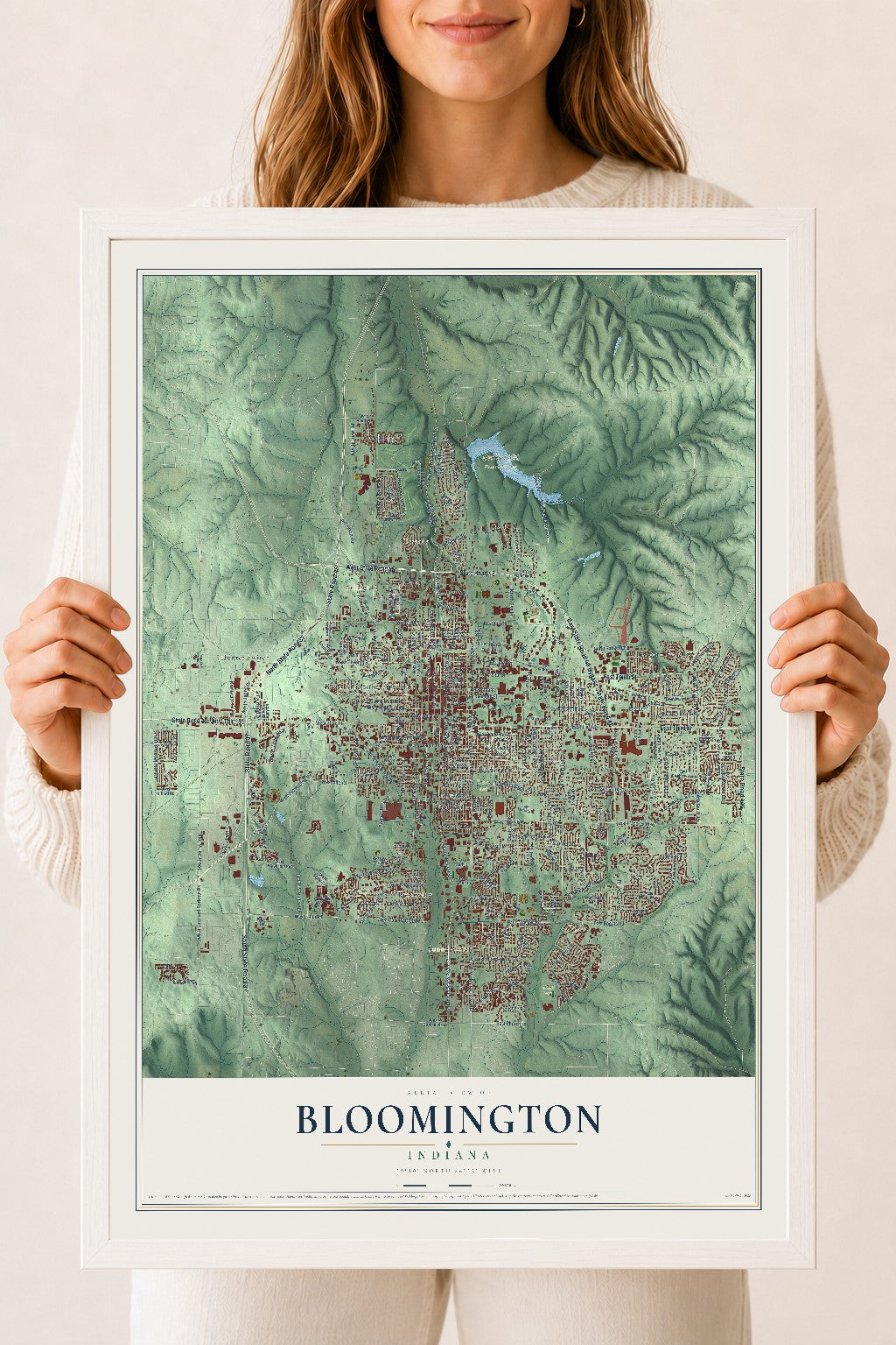 Map of Bloomington, Indiana, 18 x 24 inch print in a white wood frame
