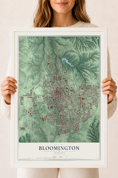 Map of Bloomington, Indiana, 18 x 24 inch print in a white wood frame