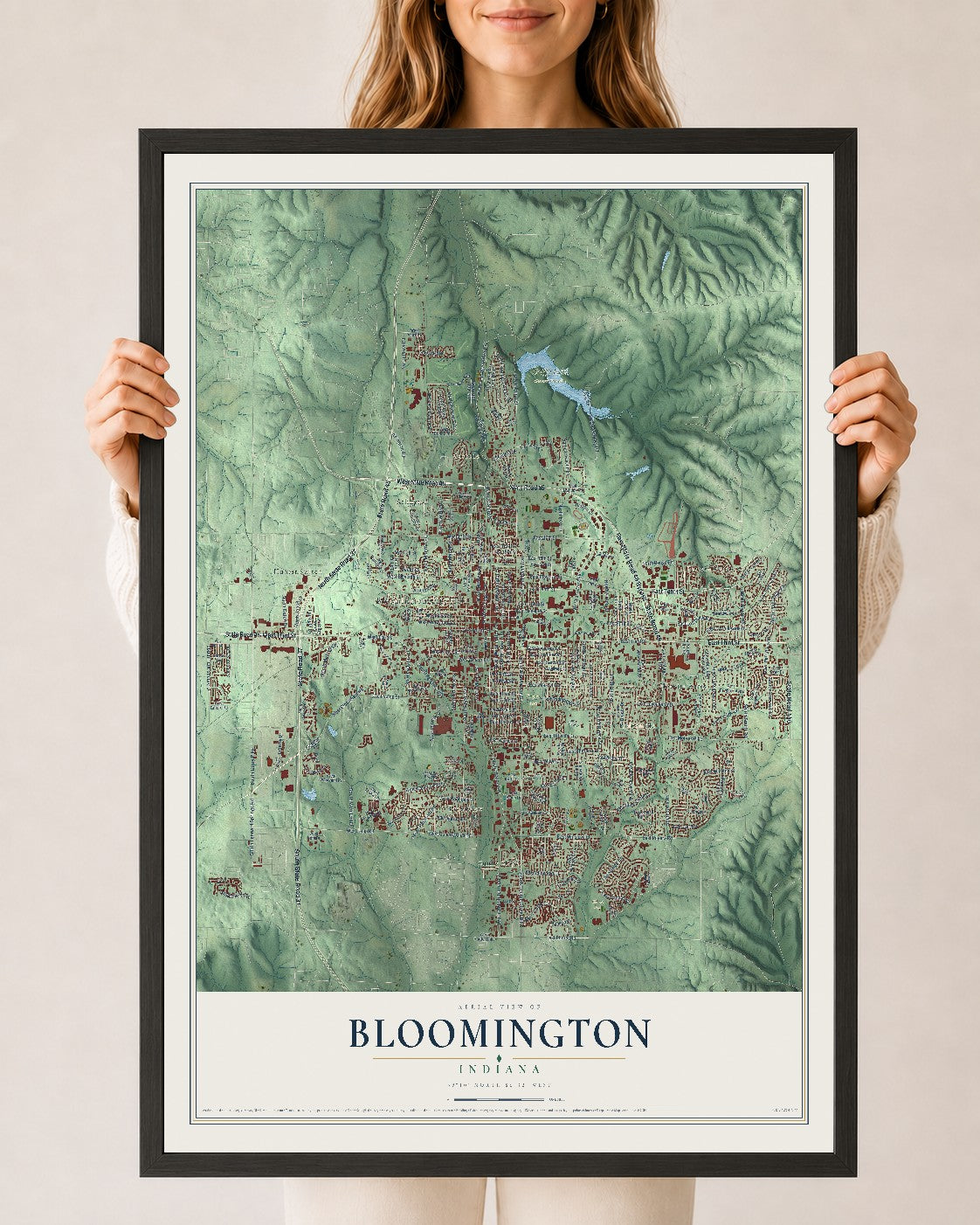Map of Bloomington, Indiana, 24 x 36 inch print in a black wood frame