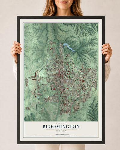 Map of Bloomington, Indiana, 24 x 36 inch print in a black wood frame