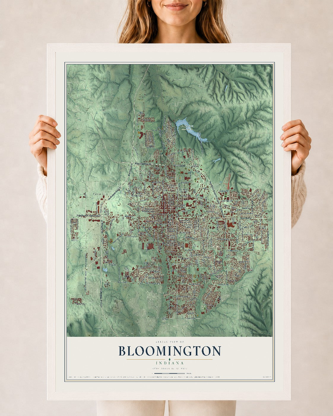 Map of Bloomington, Indiana, 24 x 36 inch print in a white wood frame