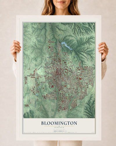 Map of Bloomington, Indiana, 24 x 36 inch print in a white wood frame