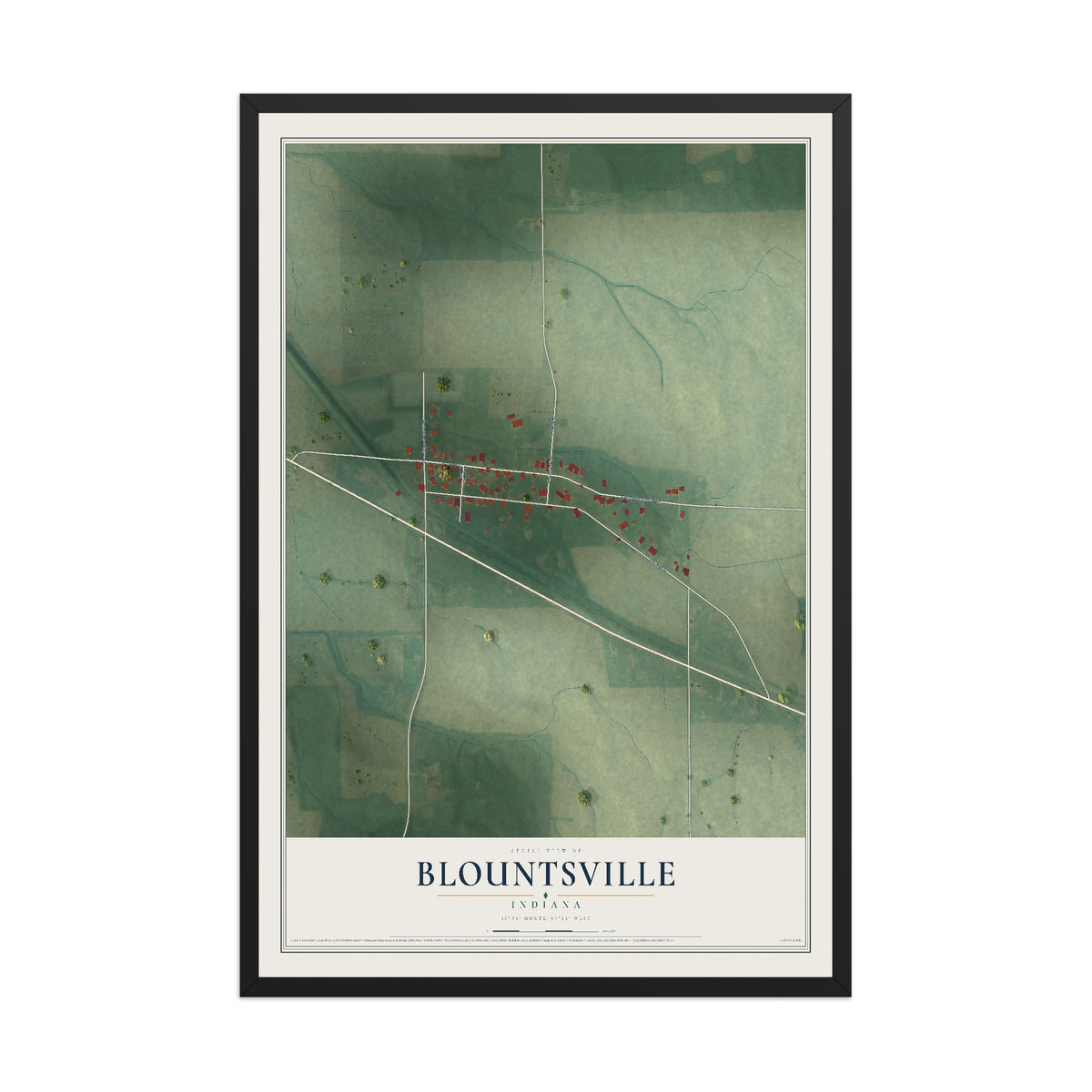 Map of Blountsville, Indiana, 12 x 18 inch print in a black wood frame