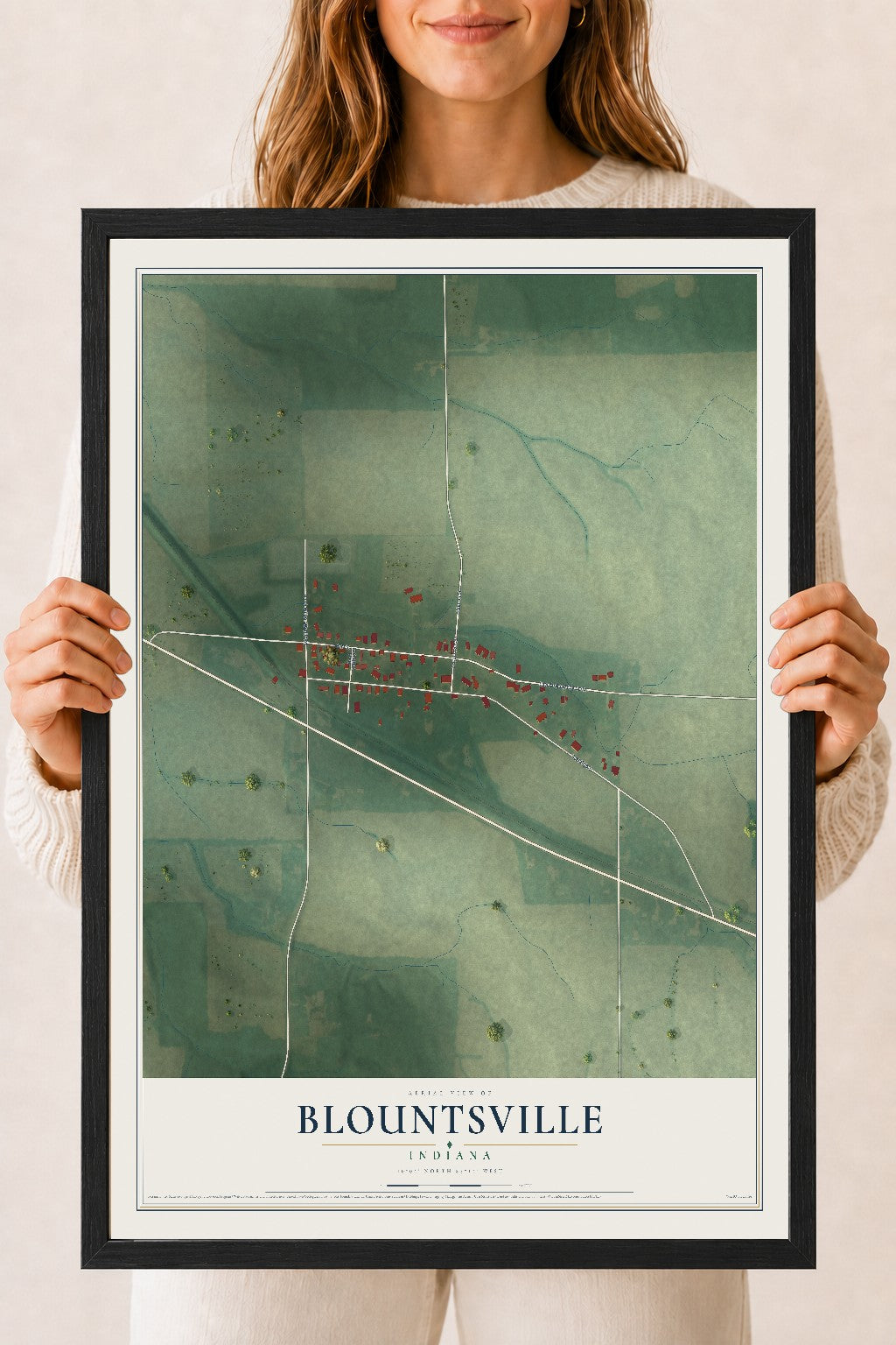 Map of Blountsville, Indiana, 18 x 24 inch print in a black wood frame