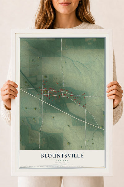 Map of Blountsville, Indiana, 18 x 24 inch print in a white wood frame