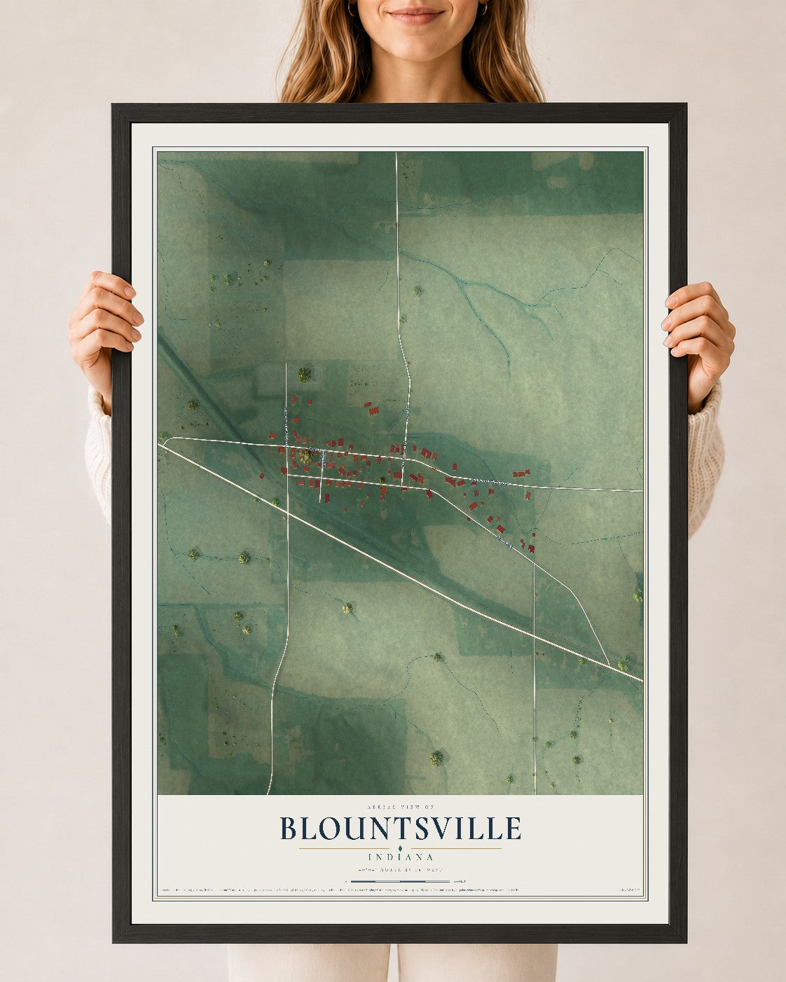 Map of Blountsville, Indiana, 24 x 36 inch print in a black wood frame