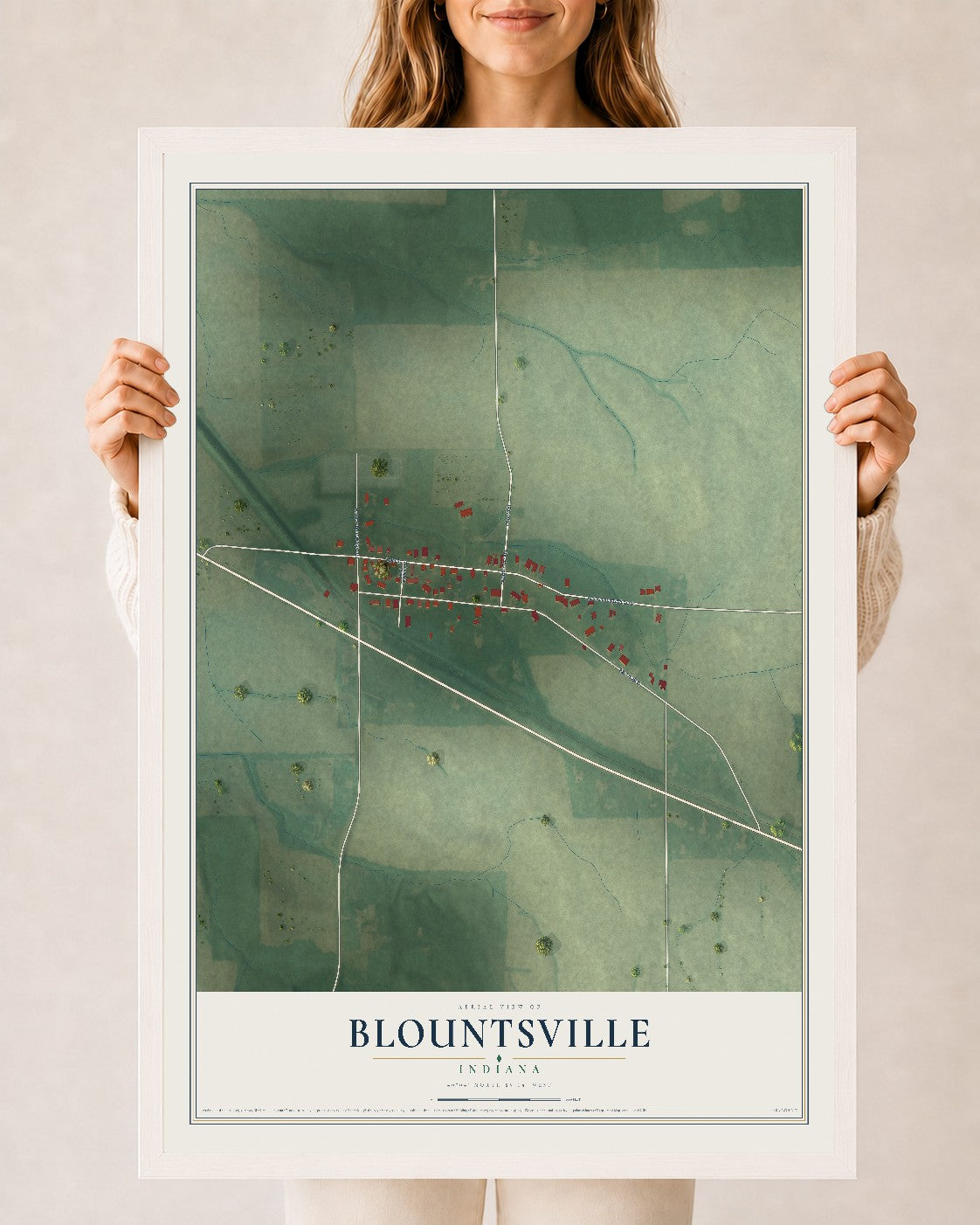 Map of Blountsville, Indiana, 24 x 36 inch print in a white wood frame