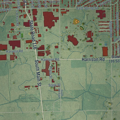 Second close-up of the map of Bluffton, Indiana print showing more streets and buildings