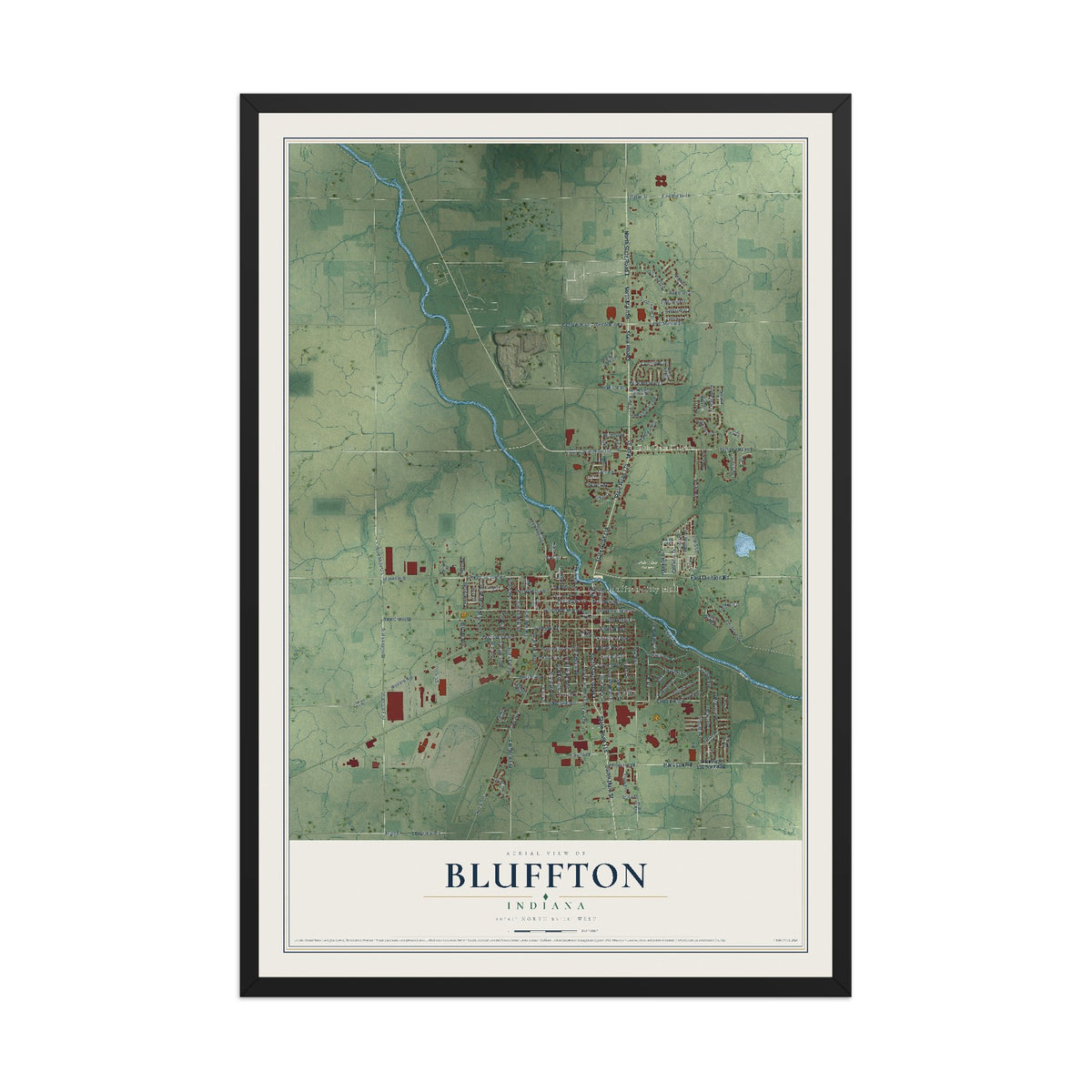 Map of Bluffton, Indiana, 12 x 18 inch print in a black wood frame