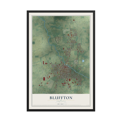 Map of Bluffton, Indiana, 12 x 18 inch print in a black wood frame