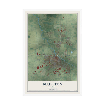 Map of Bluffton, Indiana, 12 x 18 inch print in a white wood frame