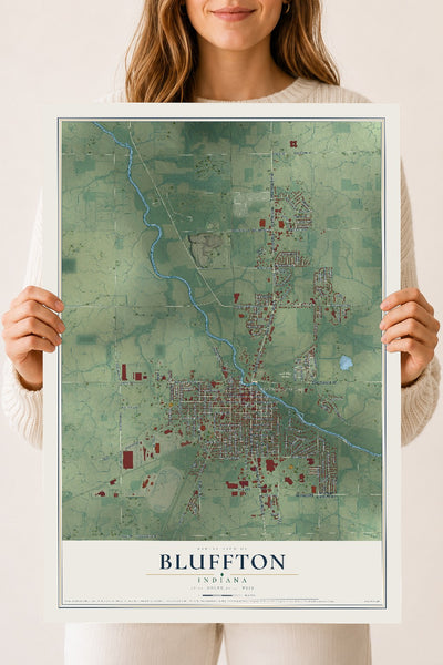 Map of Bluffton, Indiana, 18 x 24 inch unframed archival matte print