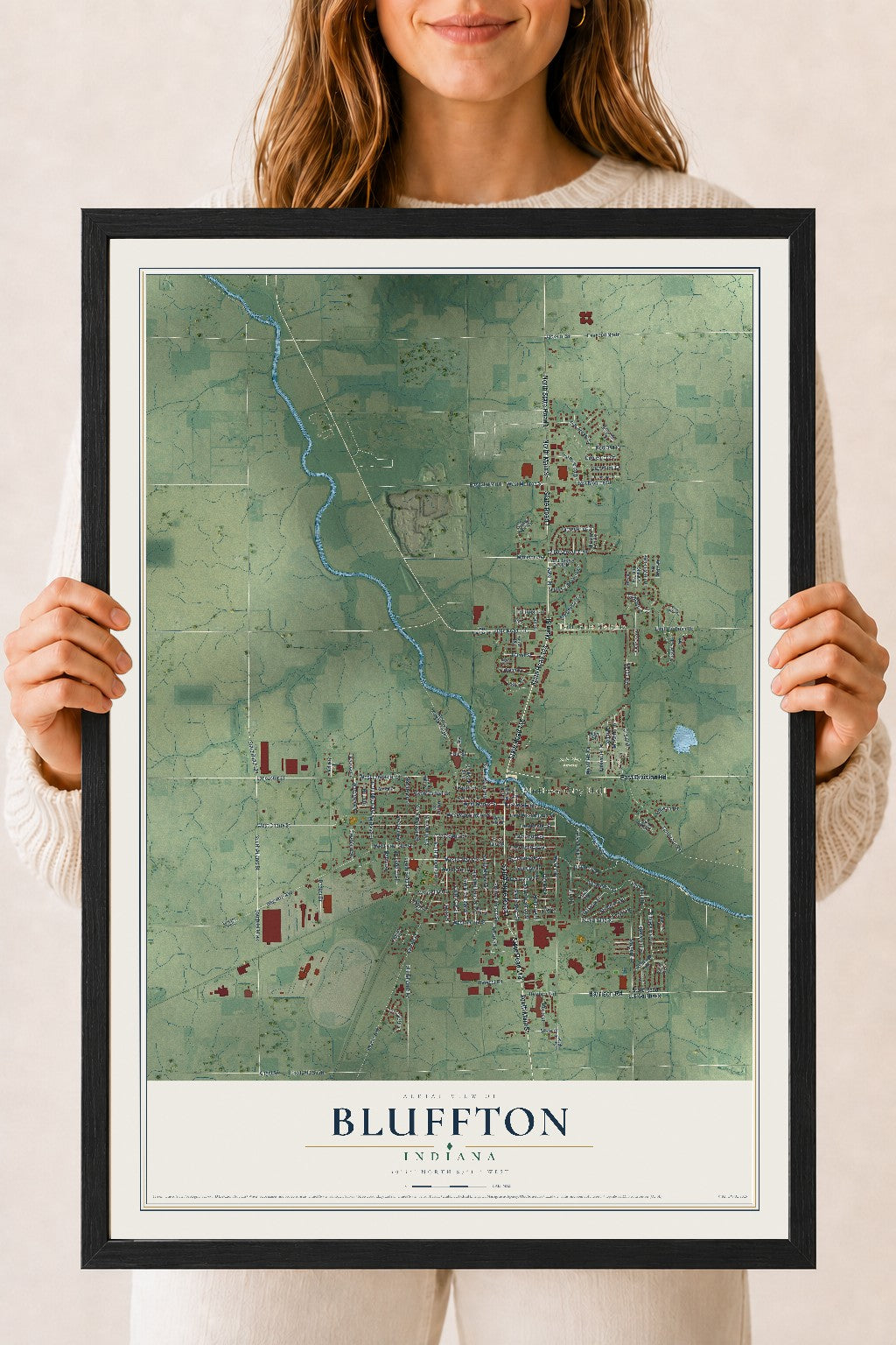 Map of Bluffton, Indiana, 18 x 24 inch print in a black wood frame