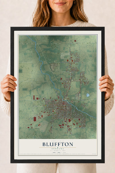 Map of Bluffton, Indiana, 18 x 24 inch print in a black wood frame