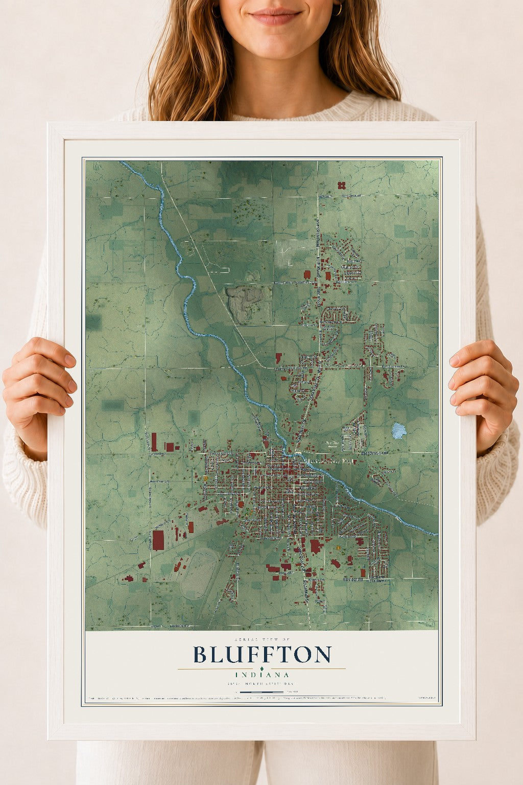 Map of Bluffton, Indiana, 18 x 24 inch print in a white wood frame