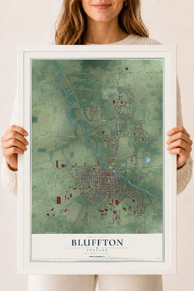 Map of Bluffton, Indiana, 18 x 24 inch print in a white wood frame