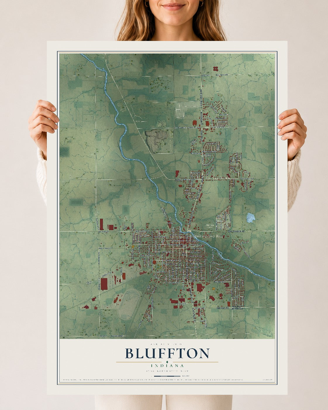 Map of Bluffton, Indiana, 24 x 36 inch unframed archival matte print