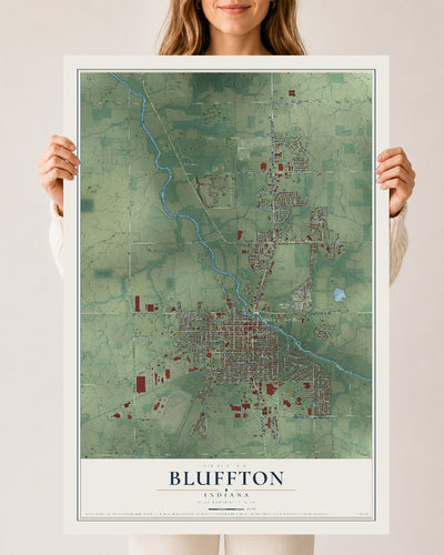 Map of Bluffton, Indiana, 24 x 36 inch unframed archival matte print