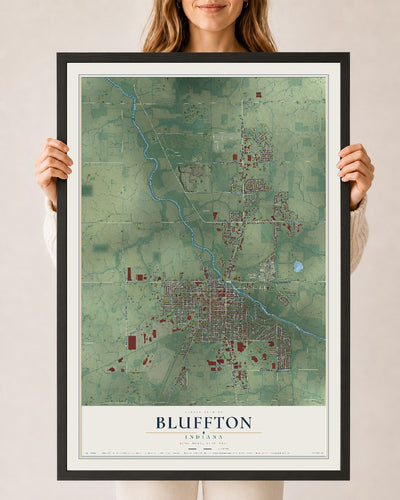 Map of Bluffton, Indiana, 24 x 36 inch print in a black wood frame