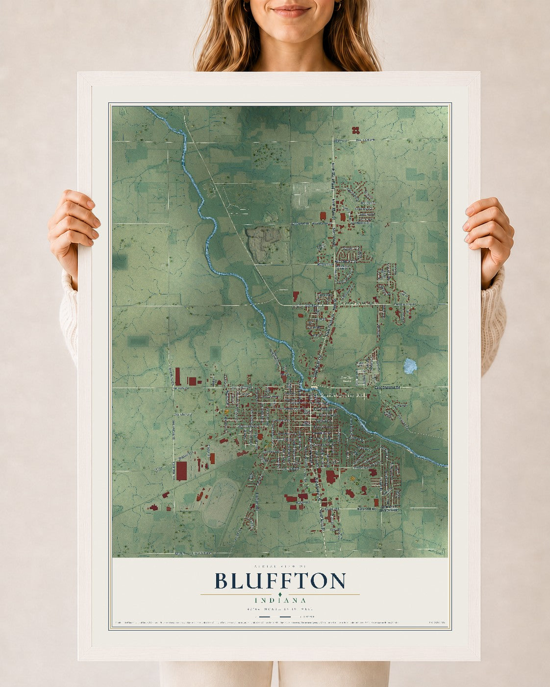 Map of Bluffton, Indiana, 24 x 36 inch print in a white wood frame