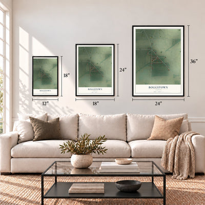 Boggstown, Indiana map in 12 x 18, 18 x 24 and 24 x 36 inch sizes above a sofa
