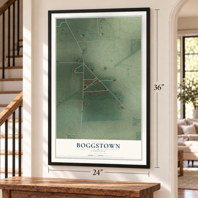 Boggstown, Indiana map, 24 x 36 inch print in a black frame by a staircase