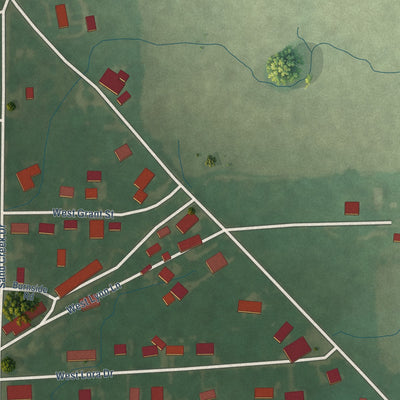 Close-up of the map of Boggstown, Indiana print showing street and building detail
