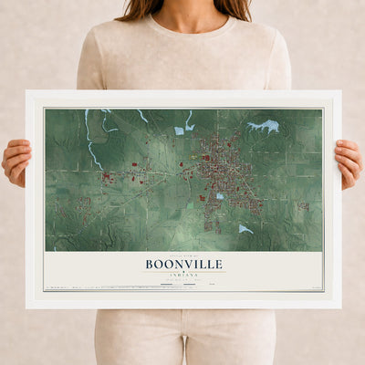 Map of Boonville, Indiana, 12 x 18 inch print in a white wood frame