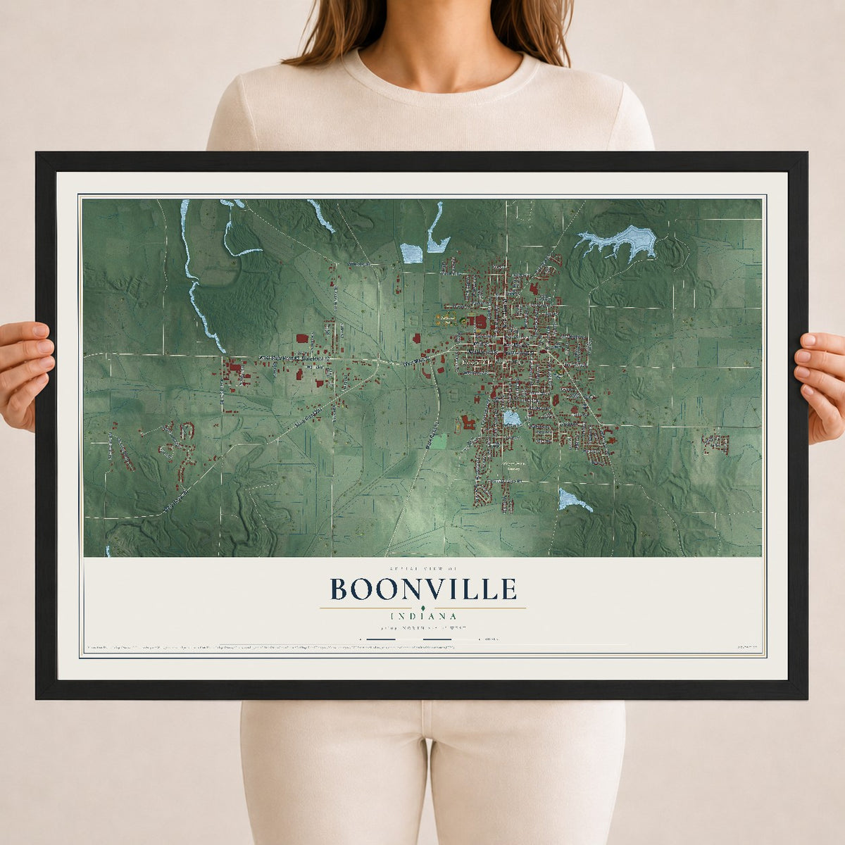 Map of Boonville, Indiana, 18 x 24 inch print in a black wood frame