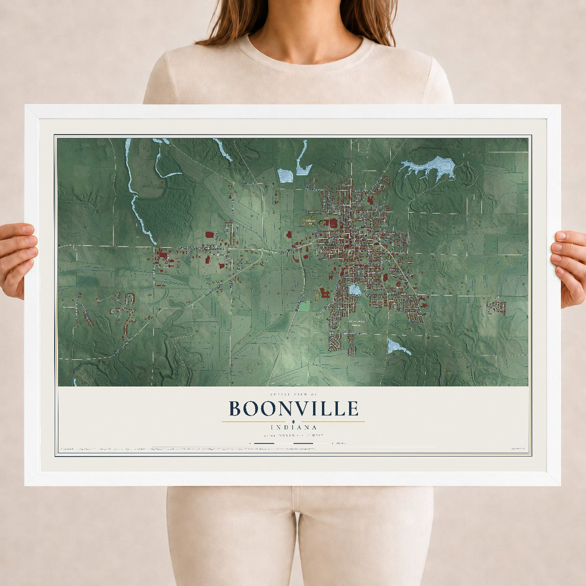 Map of Boonville, Indiana, 18 x 24 inch print in a white wood frame