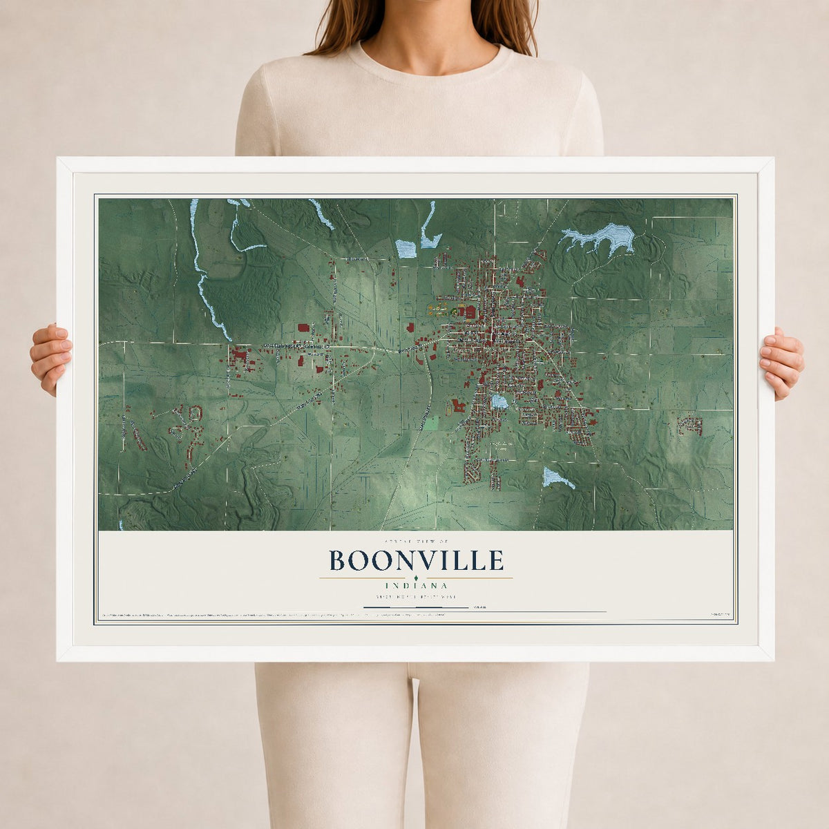 Map of Boonville, Indiana, 24 x 36 inch print in a white wood frame
