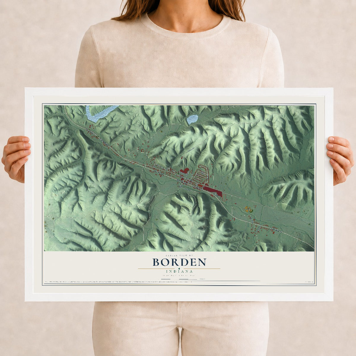 Map of Borden, Indiana, 12 x 18 inch print in a white wood frame