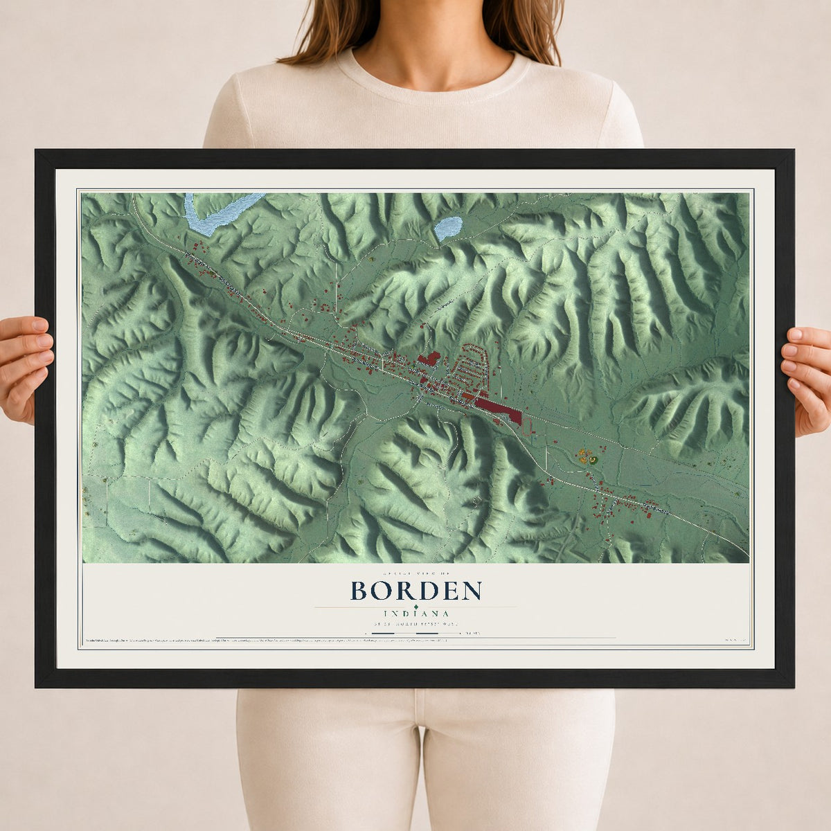 Map of Borden, Indiana, 18 x 24 inch print in a black wood frame