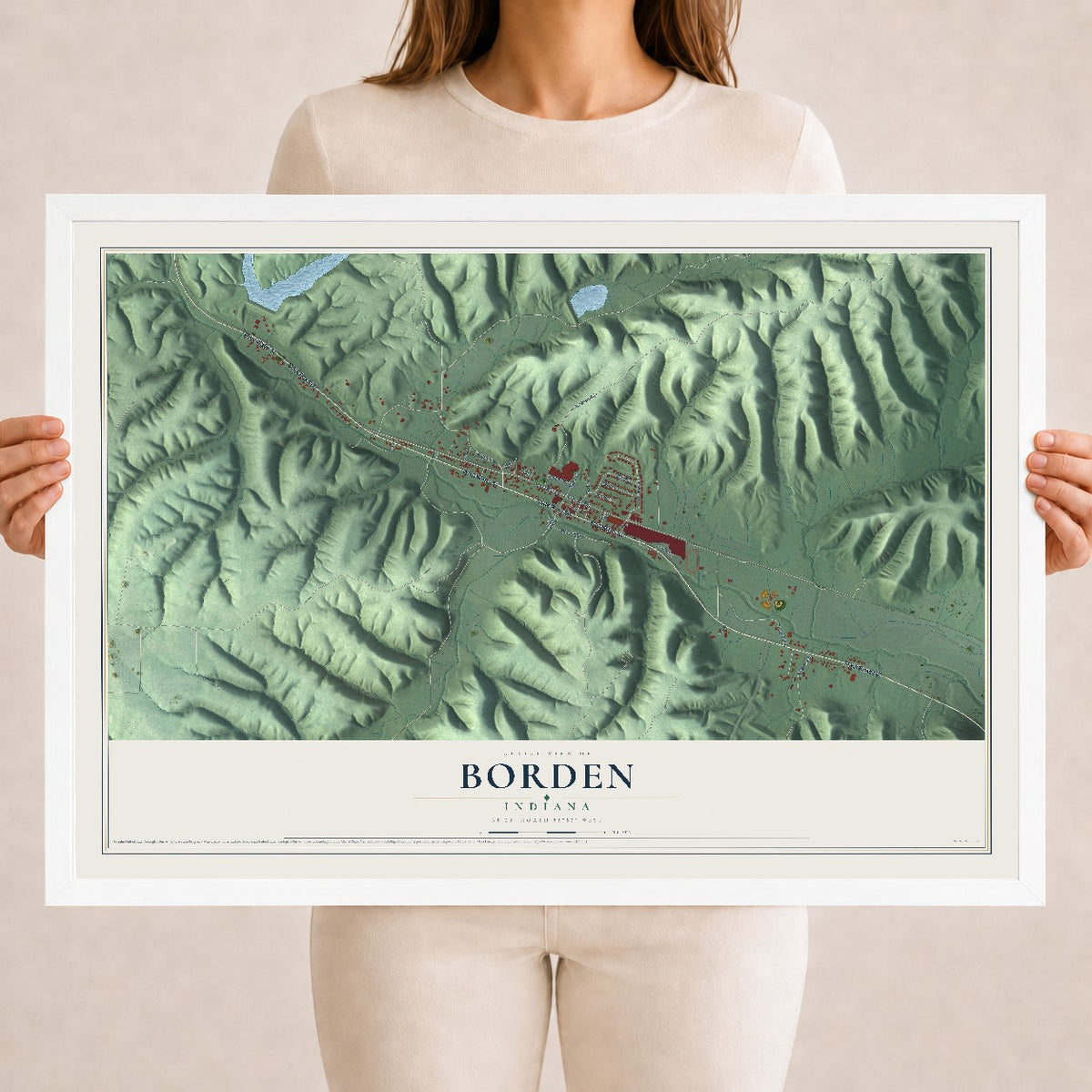 Map of Borden, Indiana, 18 x 24 inch print in a white wood frame