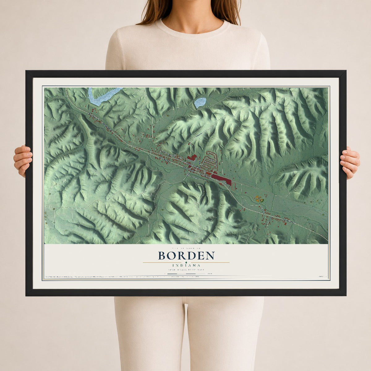 Map of Borden, Indiana, 24 x 36 inch print in a black wood frame