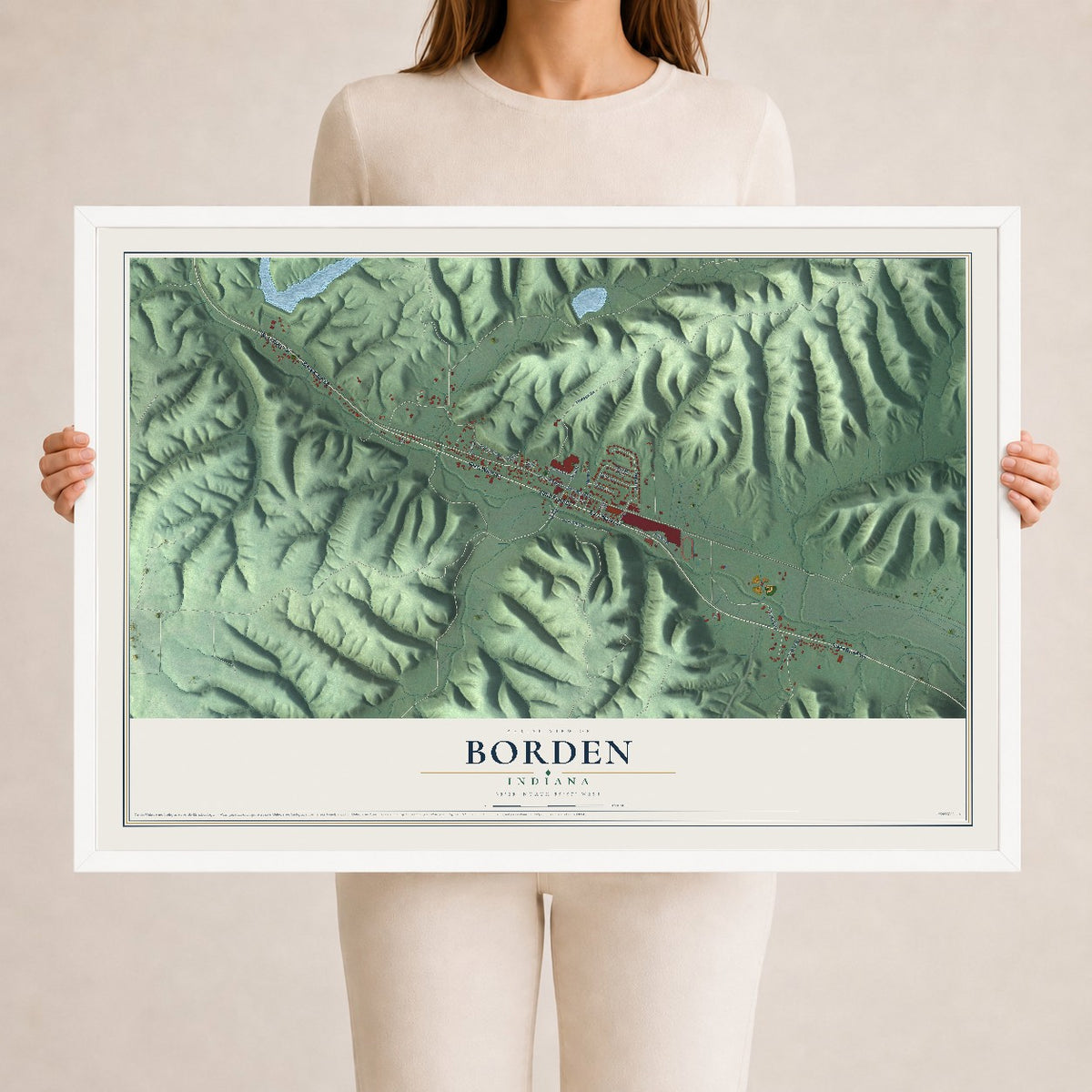 Map of Borden, Indiana, 24 x 36 inch print in a white wood frame