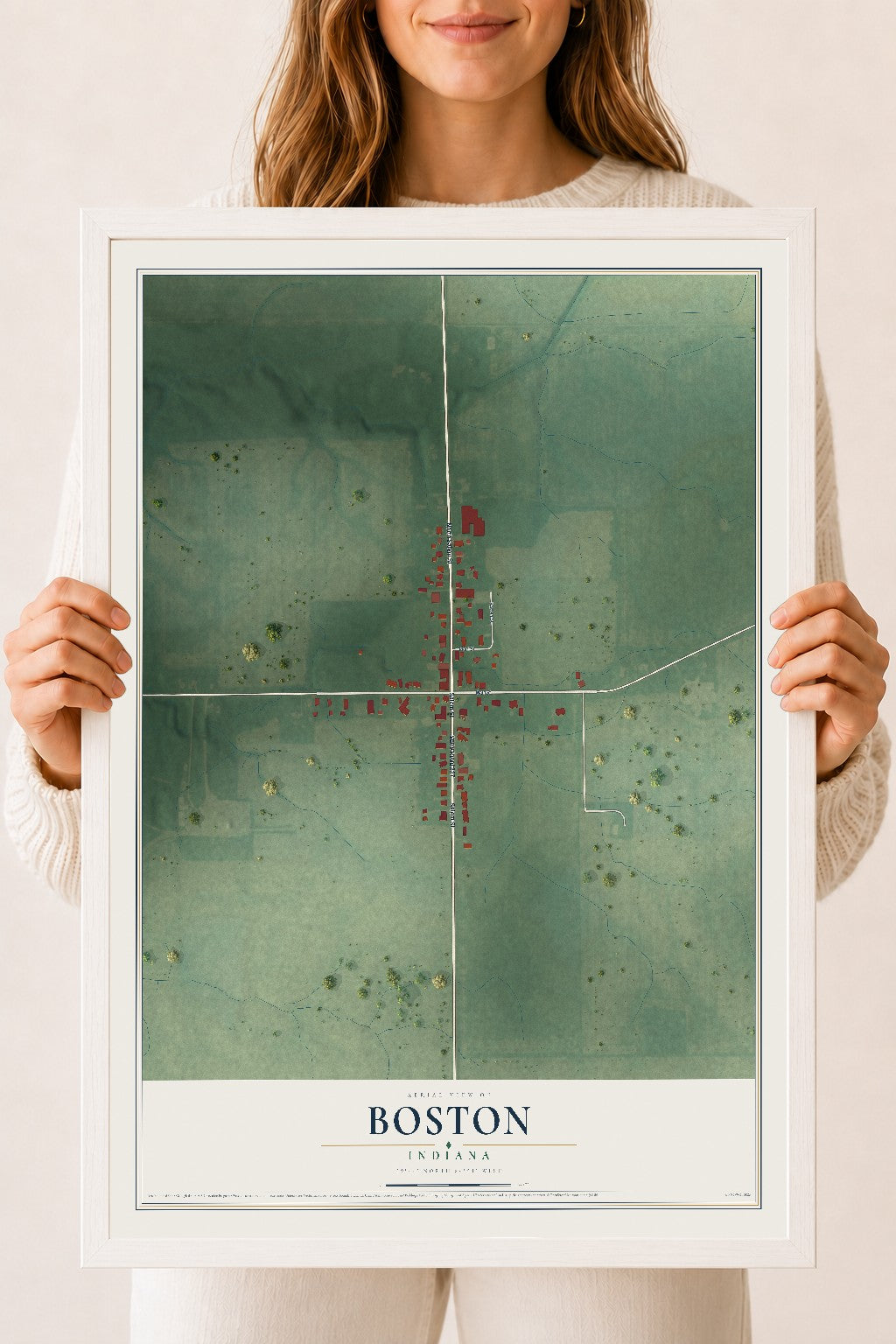 Map of Boston, Indiana, 18 x 24 inch print in a white wood frame