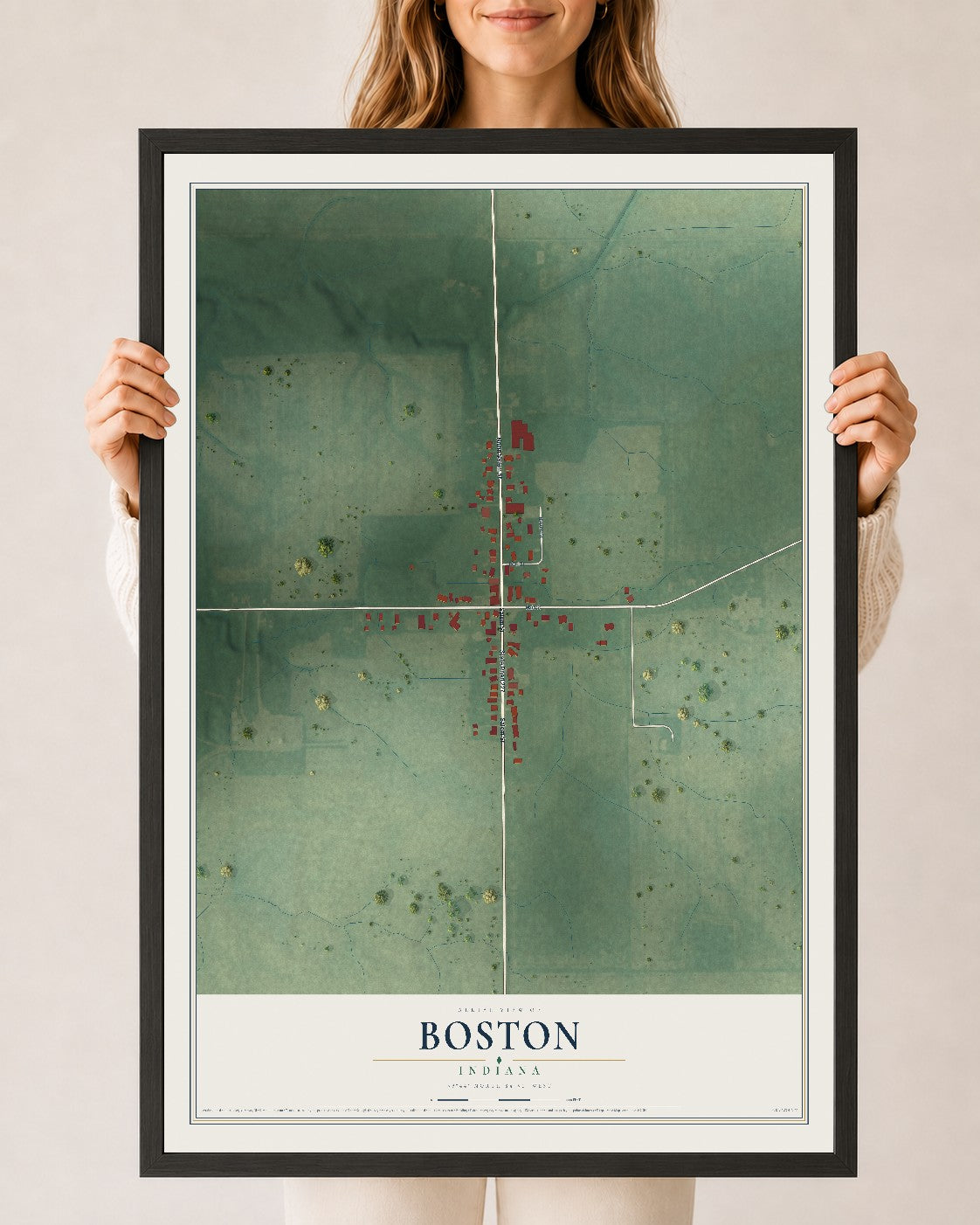 Map of Boston, Indiana, 24 x 36 inch print in a black wood frame