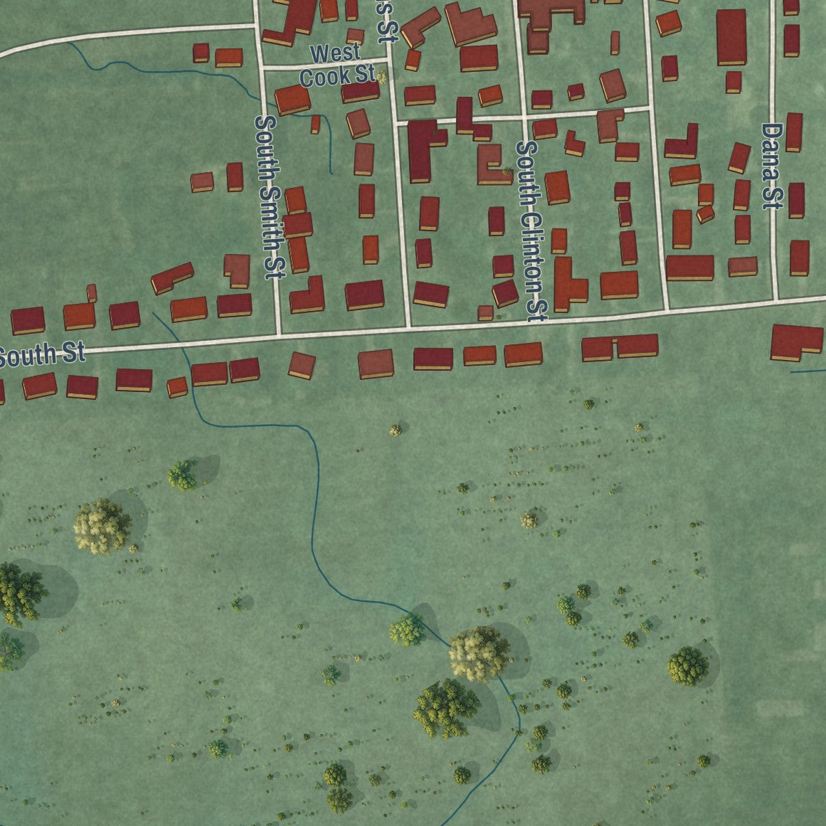 Second close-up of the map of Boswell, Indiana print showing more streets and buildings