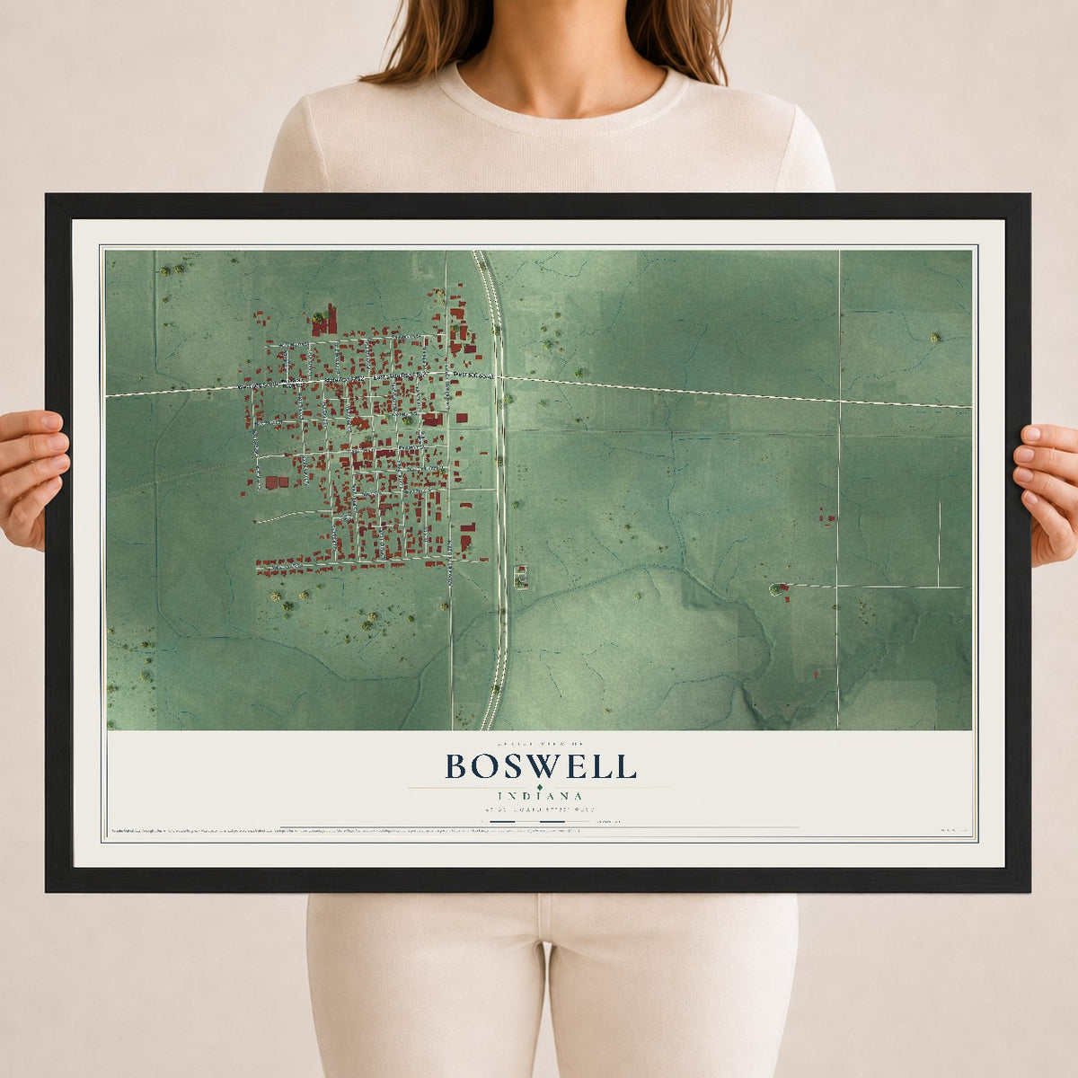 Map of Boswell, Indiana, 18 x 24 inch print in a black wood frame