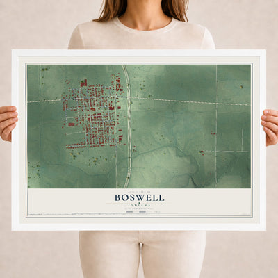 Map of Boswell, Indiana, 18 x 24 inch print in a white wood frame