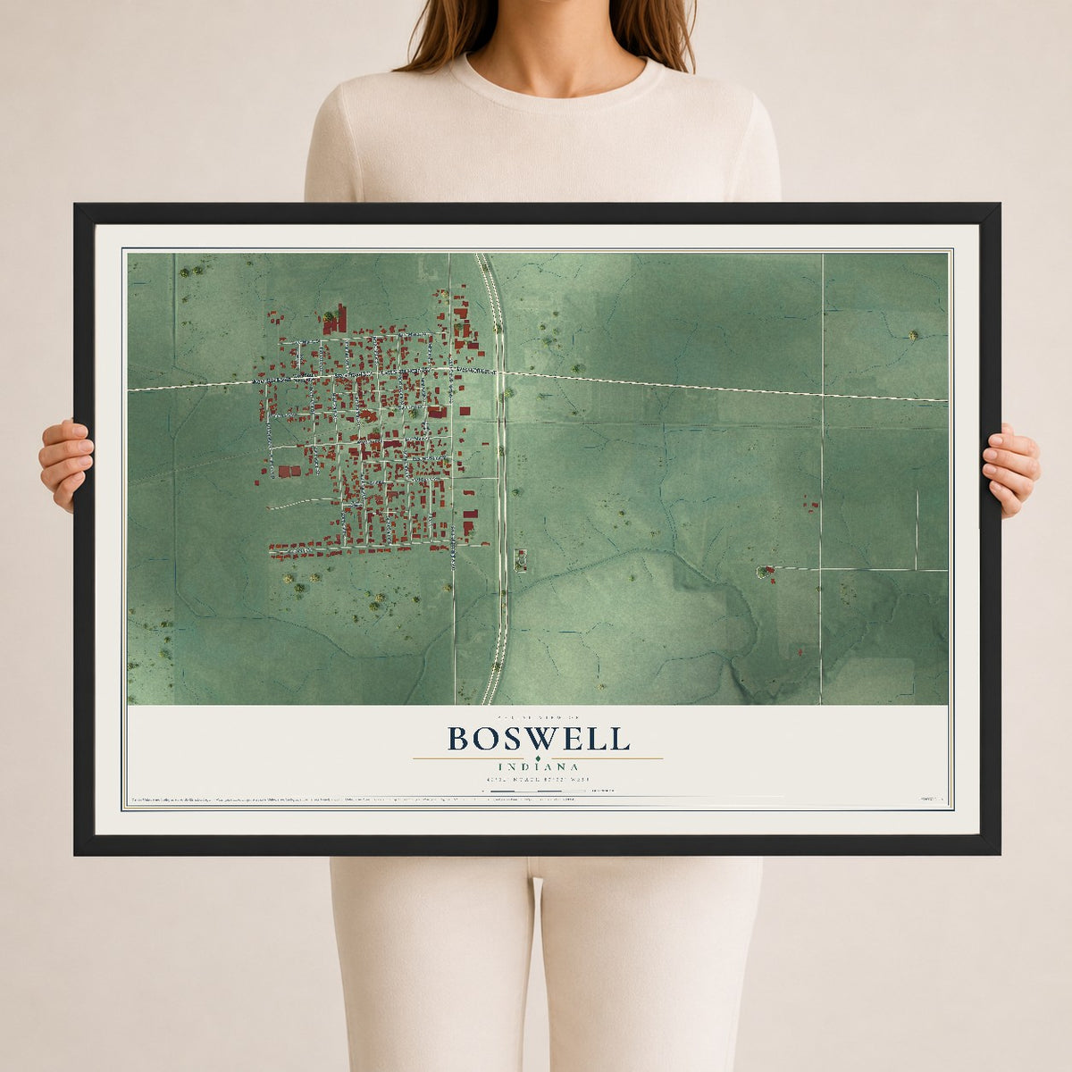 Map of Boswell, Indiana, 24 x 36 inch print in a black wood frame